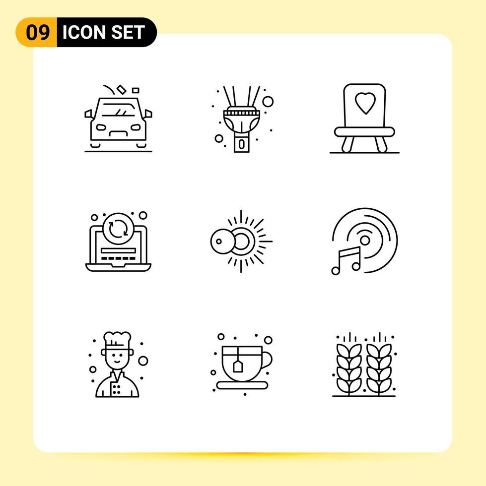 Stock Vector Icon Pack of 9 Line Signs and Symbols for music weather chair sunny coding Editable Vector Design Elements