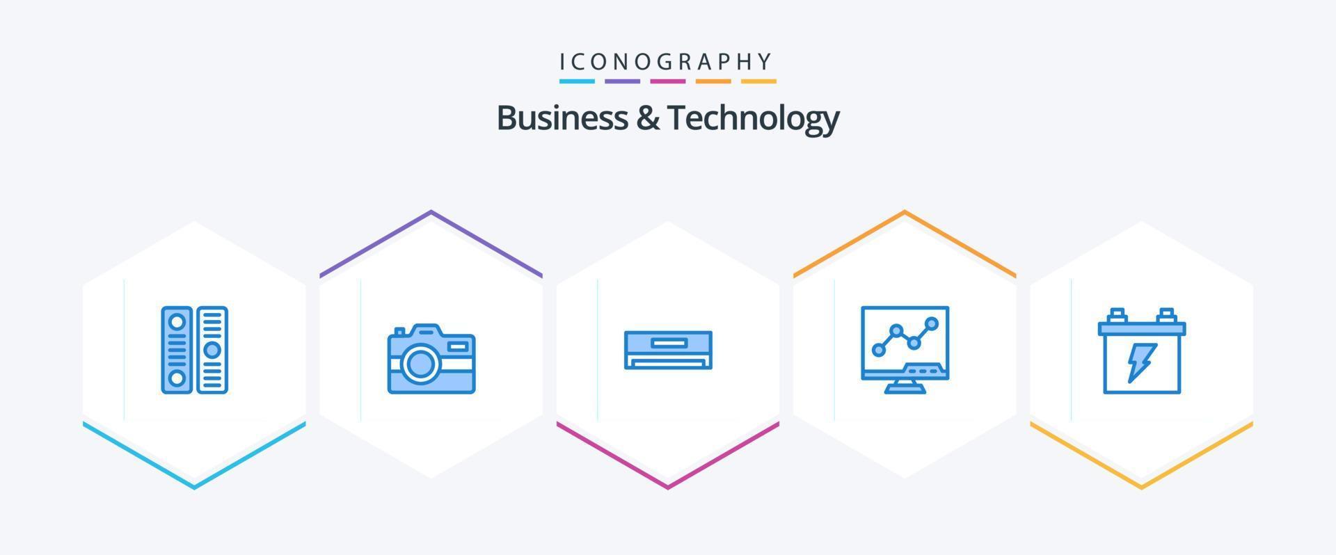 Business and Technology 25 Blue icon pack including battery. screen. air conditioner. lcd. analytic vector