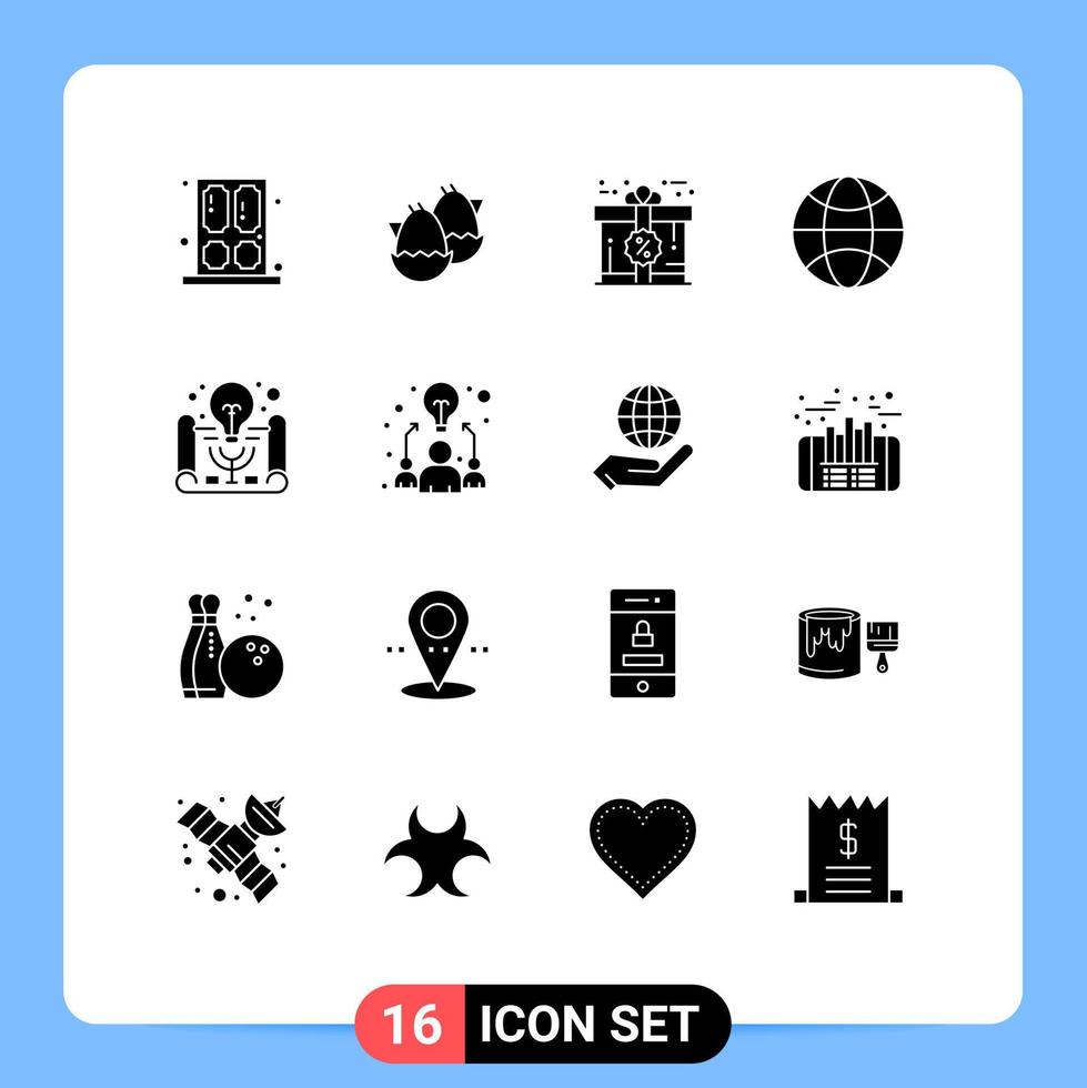Pictogram Set of 16 Simple Solid Glyphs of project idea active learning bonus science globe Editable Vector Design Elements