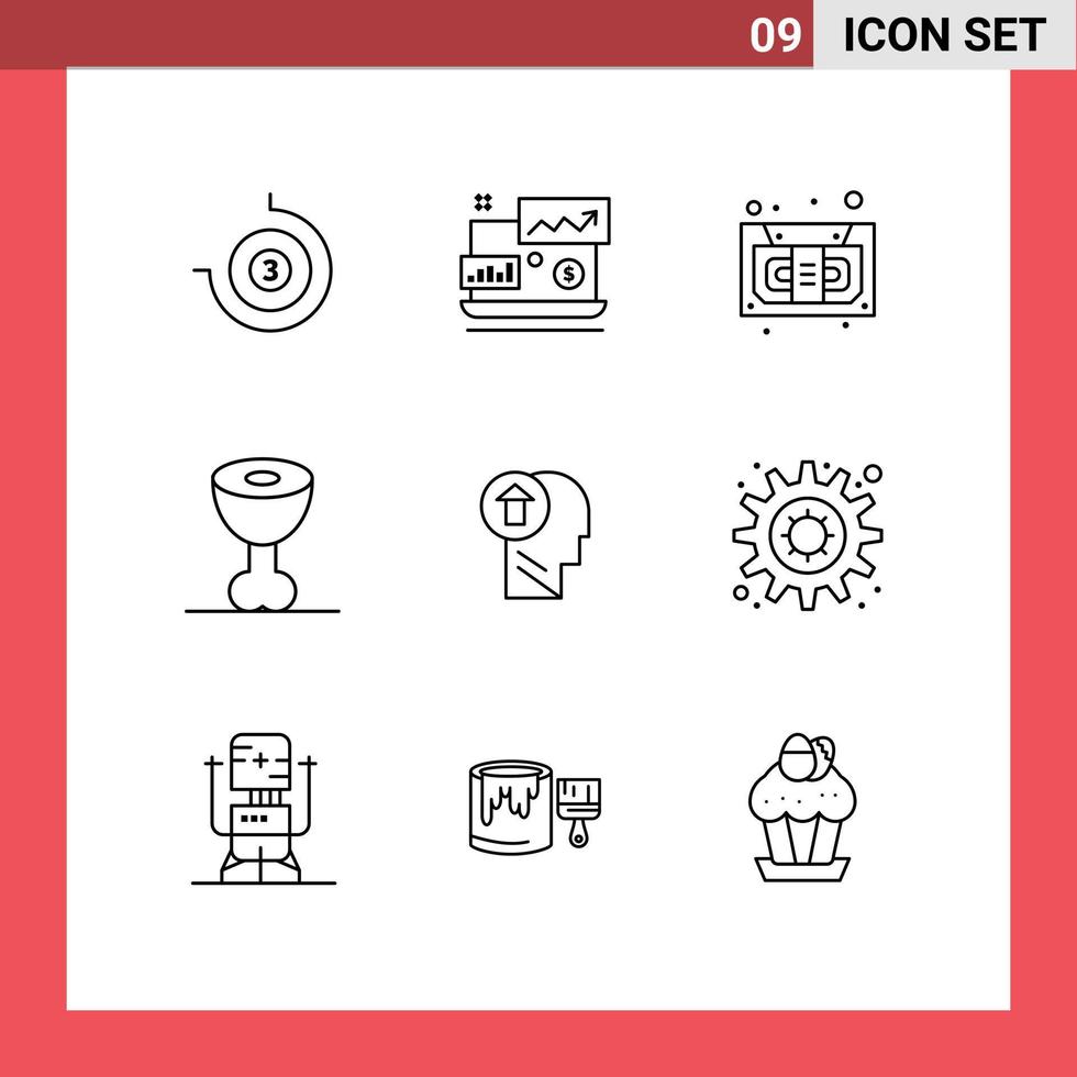 conjunto de 9 iconos de interfaz de usuario modernos signos de símbolos para elementos de diseño vectorial editables de casete de cabeza de conocimiento vector