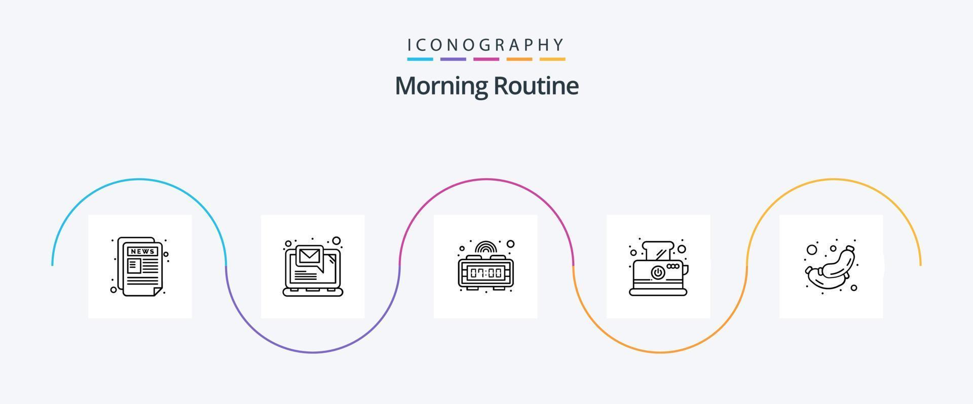 Morning Routine Line 5 Icon Pack Including sausage. food. alarm. breakfast. toast vector