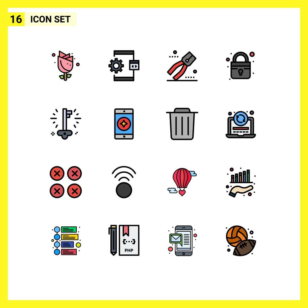 Set of 16 Modern UI Icons Symbols Signs for key secure process lock tool Editable Creative Vector Design Elements