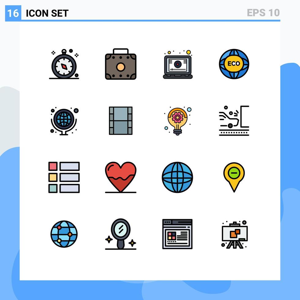 Group of 16 Flat Color Filled Lines Signs and Symbols for globe eco online world global Editable Creative Vector Design Elements