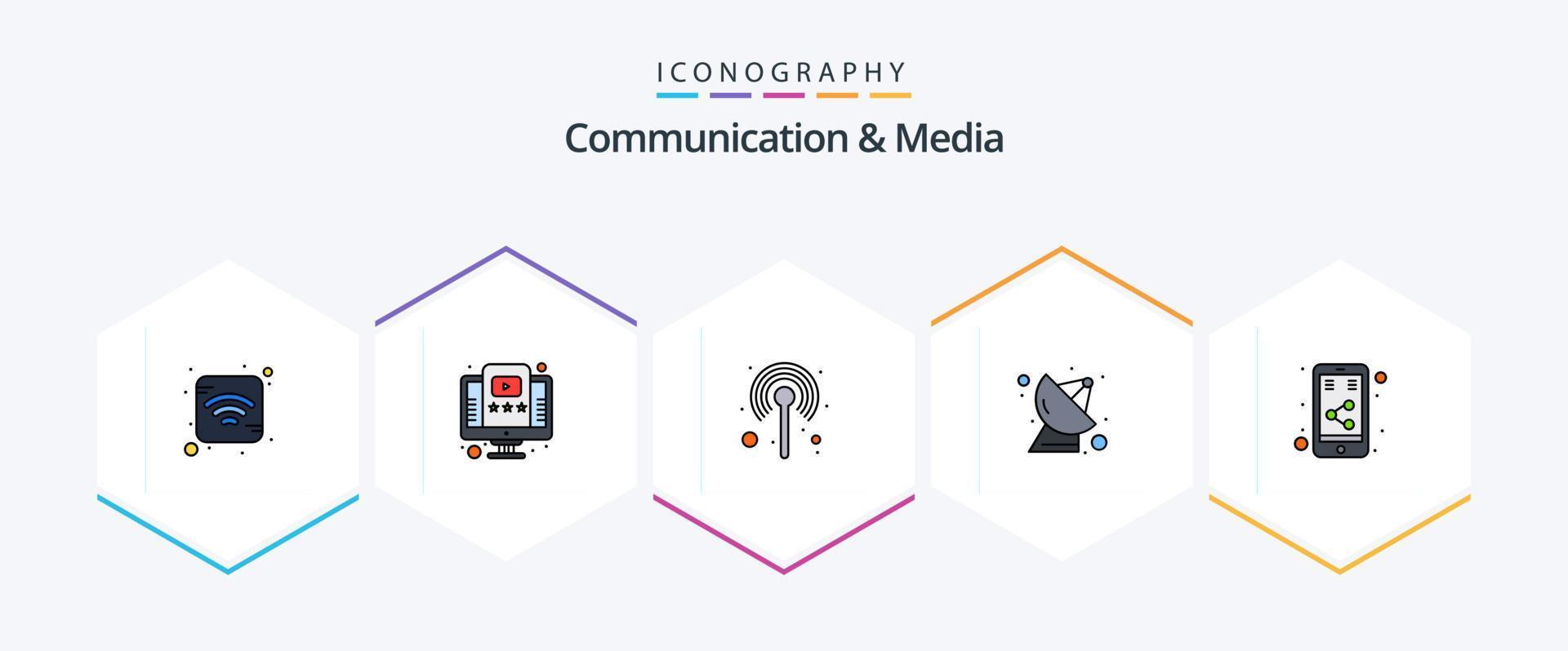 Communication And Media 25 FilledLine icon pack including media. technology. communication. science. satellite vector