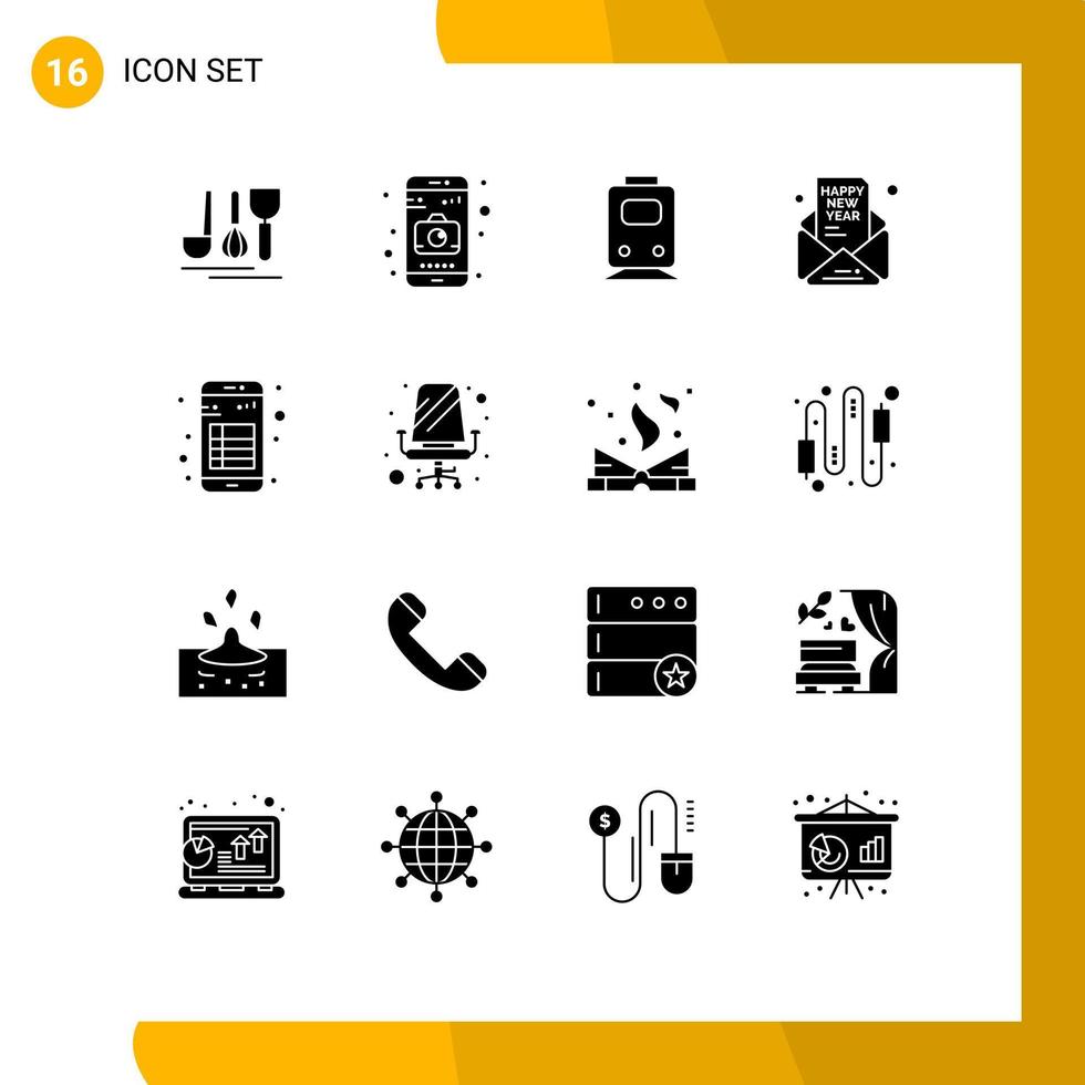 Mobile Interface Solid Glyph Set of 16 Pictograms of app new year railway mail invitation Editable Vector Design Elements