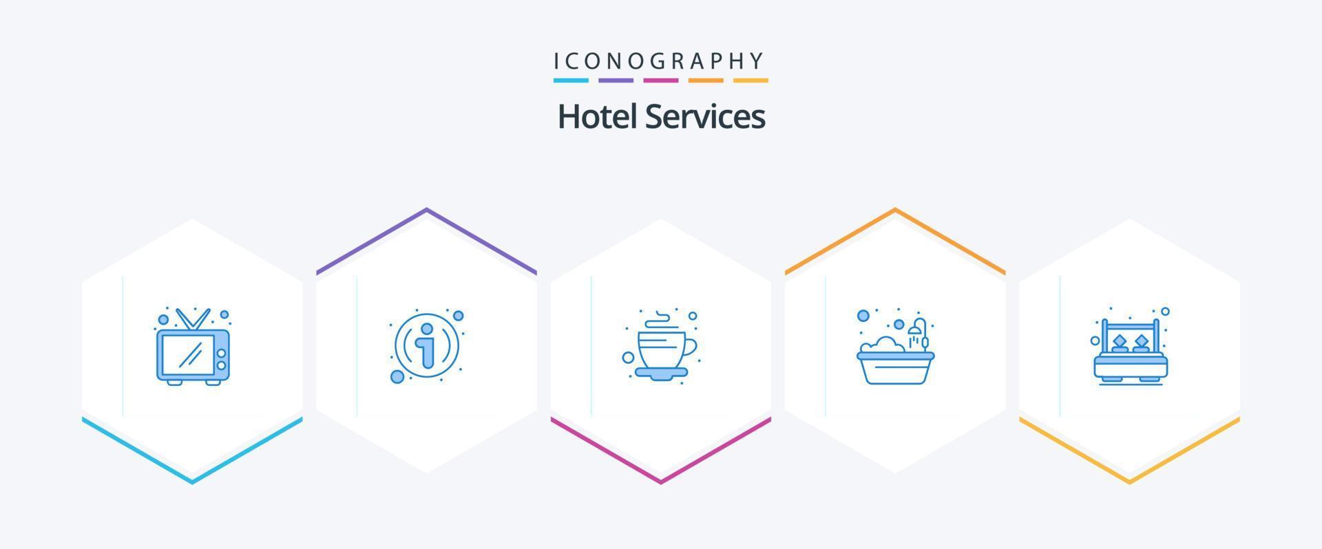 Hotel Services 25 Blue icon pack including room. bed. hot. shower. bathtub vector