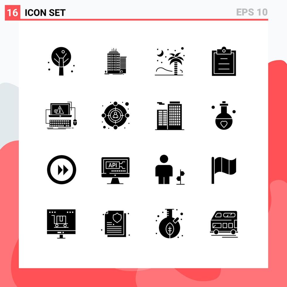 Universal Icon Symbols Group of 16 Modern Solid Glyphs of error computer tree text clipboard Editable Vector Design Elements