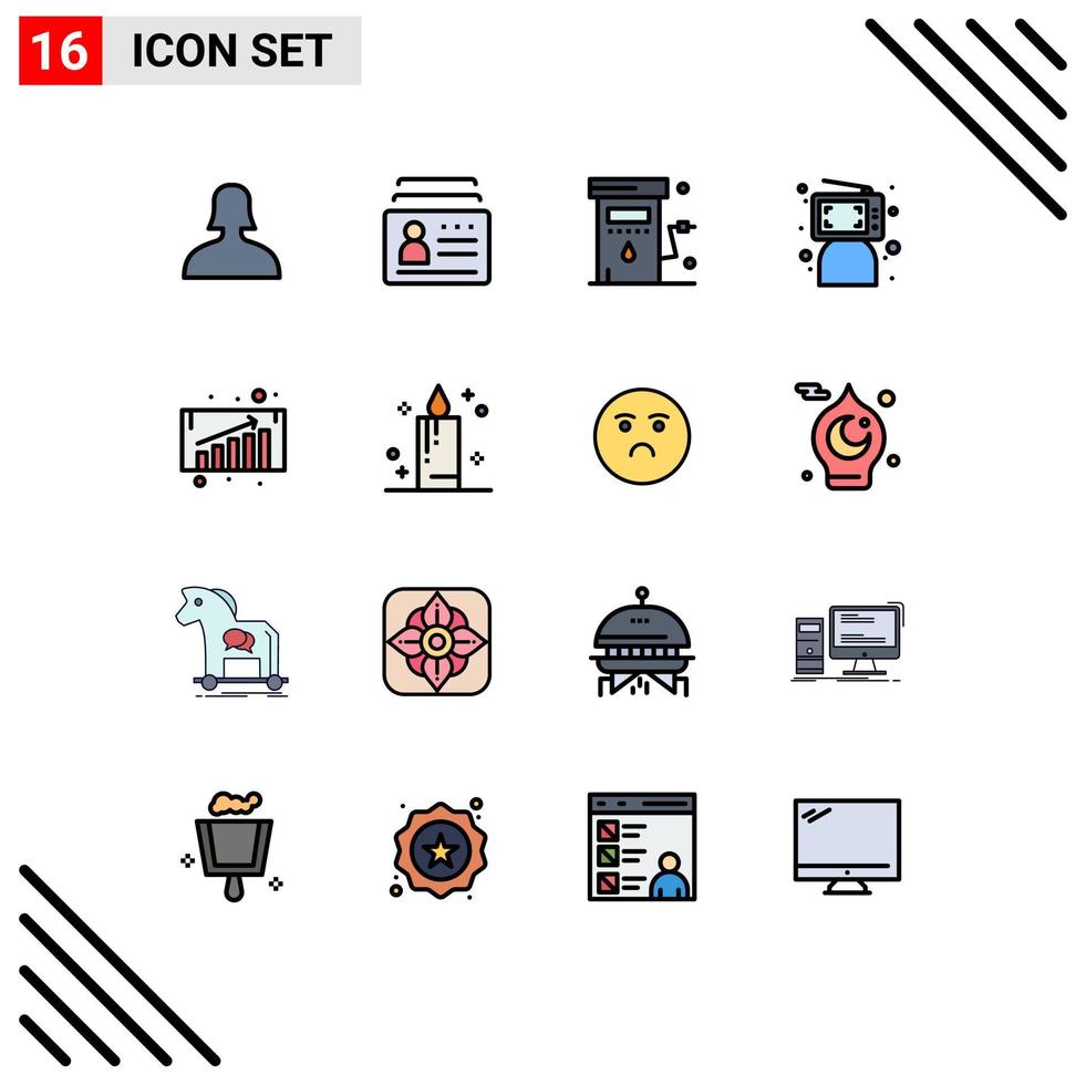 Group of 16 Modern Flat Color Filled Lines Set for person computer energy click station Editable Creative Vector Design Elements