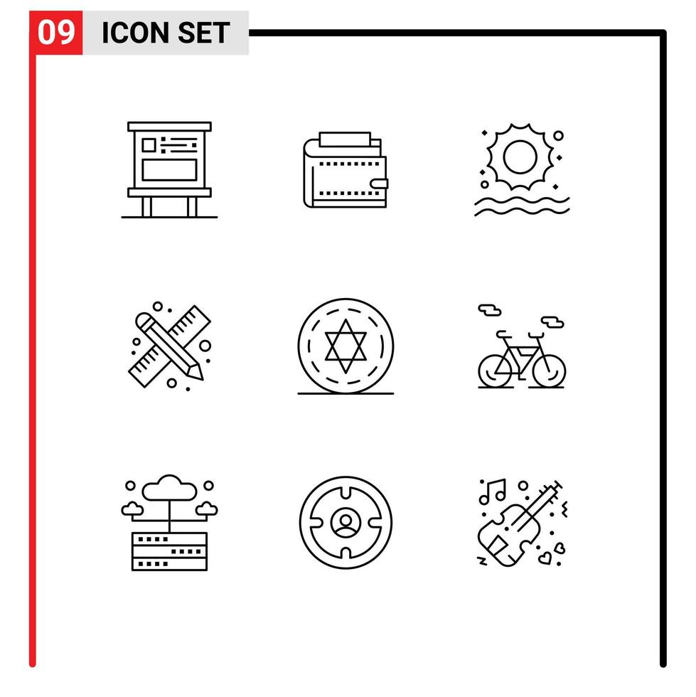 Universal Icon Symbols Group of 9 Modern Outlines of work drawing tools money back to school sun Editable Vector Design Elements