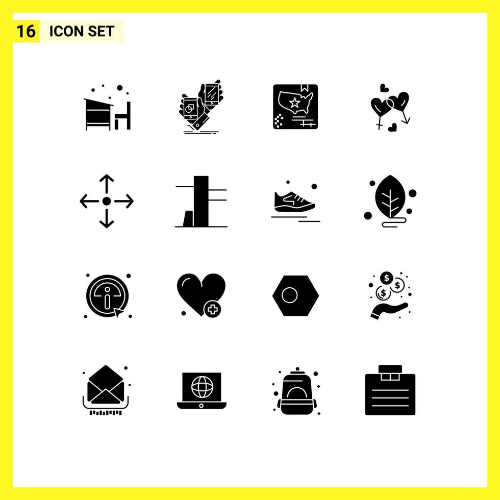 16 Universal Solid Glyphs Set for Web and Mobile Applications love man placement heart map Editable Vector Design Elements