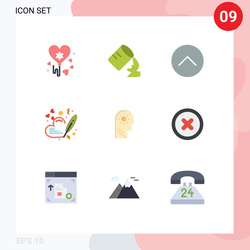 Mobile Interface Flat Color Set of 9 Pictograms of setting control media player brain pen Editable Vector Design Elements