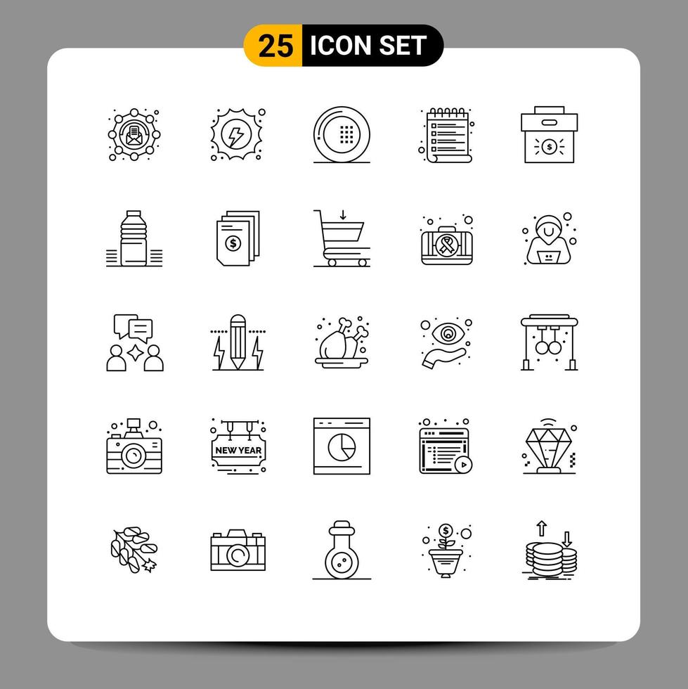 Mobile Interface Line Set of 25 Pictograms of bag wish cooking schedule plate Editable Vector Design Elements