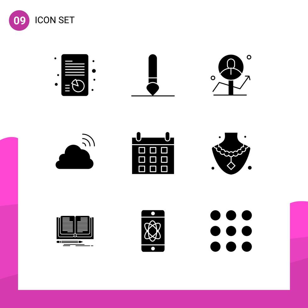 Solid Glyph Pack of 9 Universal Symbols of calendar spring male sky cloud Editable Vector Design Elements