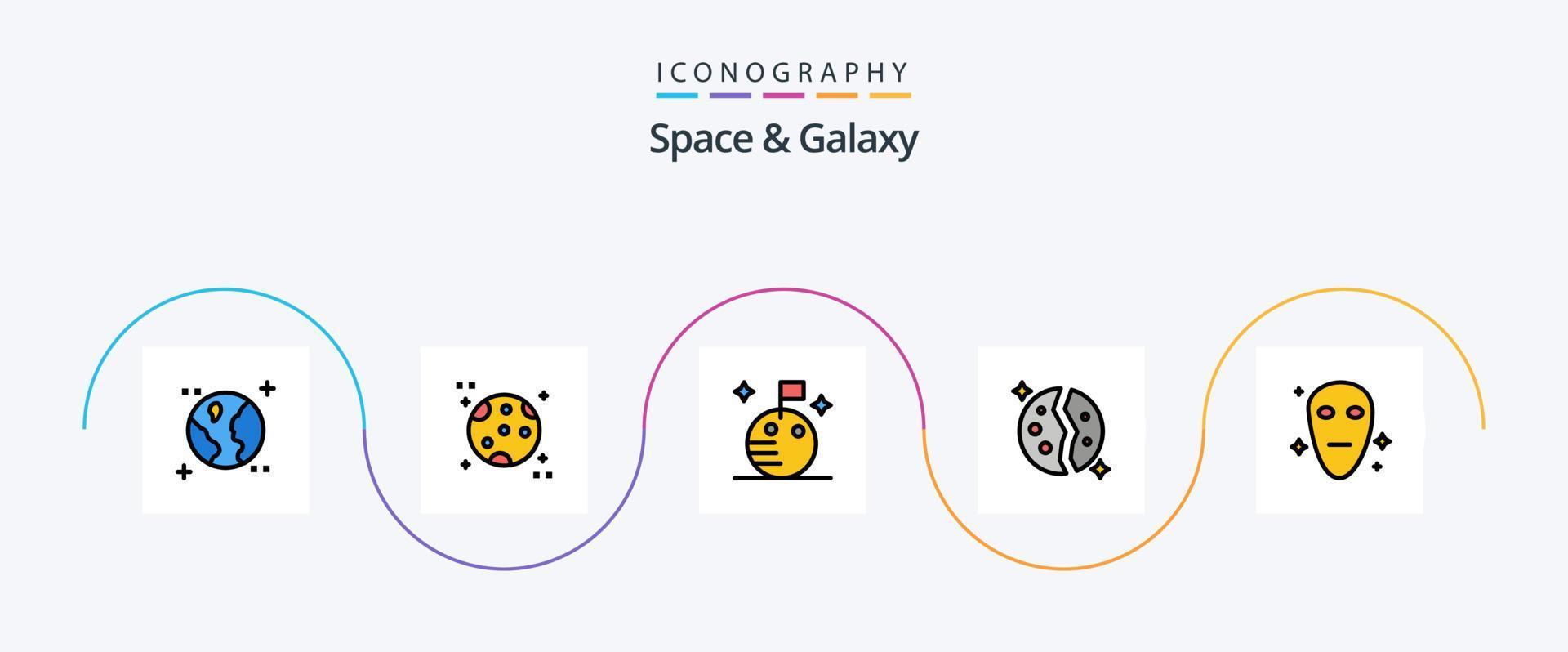 el espacio y la línea de galaxias llenaron el paquete de iconos planos 5 que incluye. galaxia. espacio. extraterrestre. planeta vector