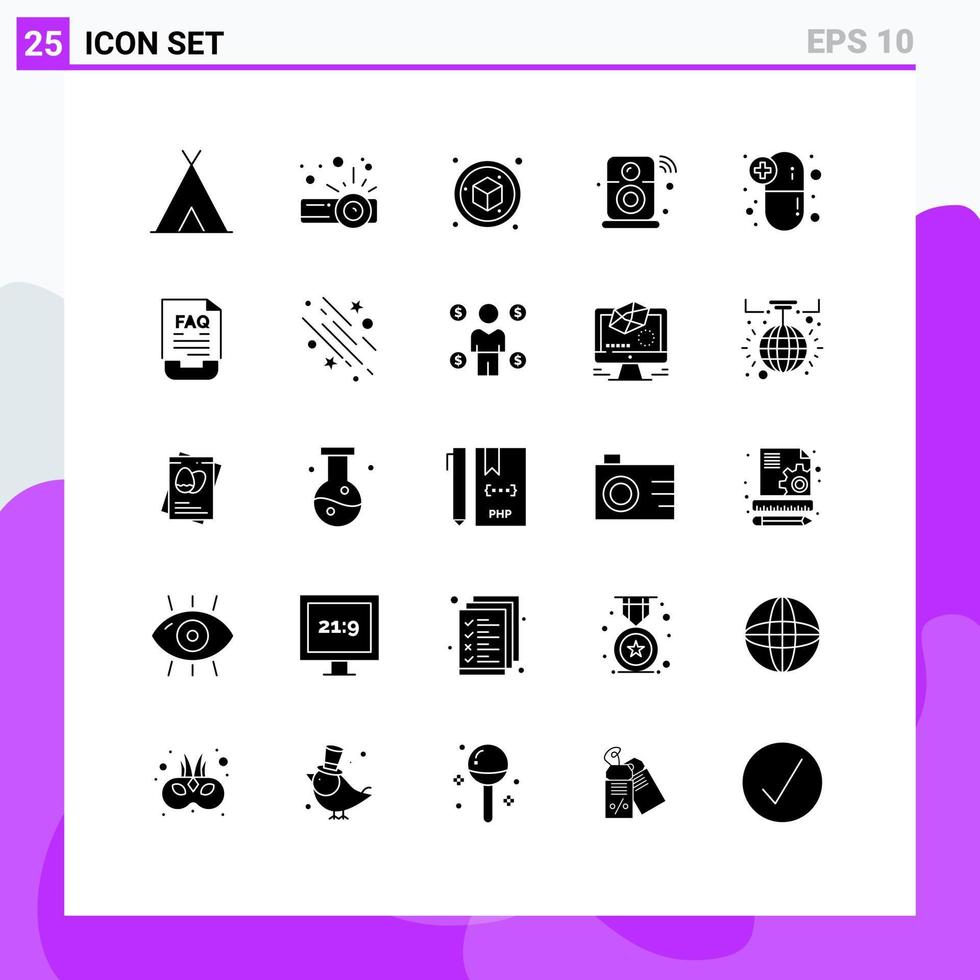 Group of 25 Modern Solid Glyphs Set for medical pills capsule cube wifi internet of things Editable Vector Design Elements