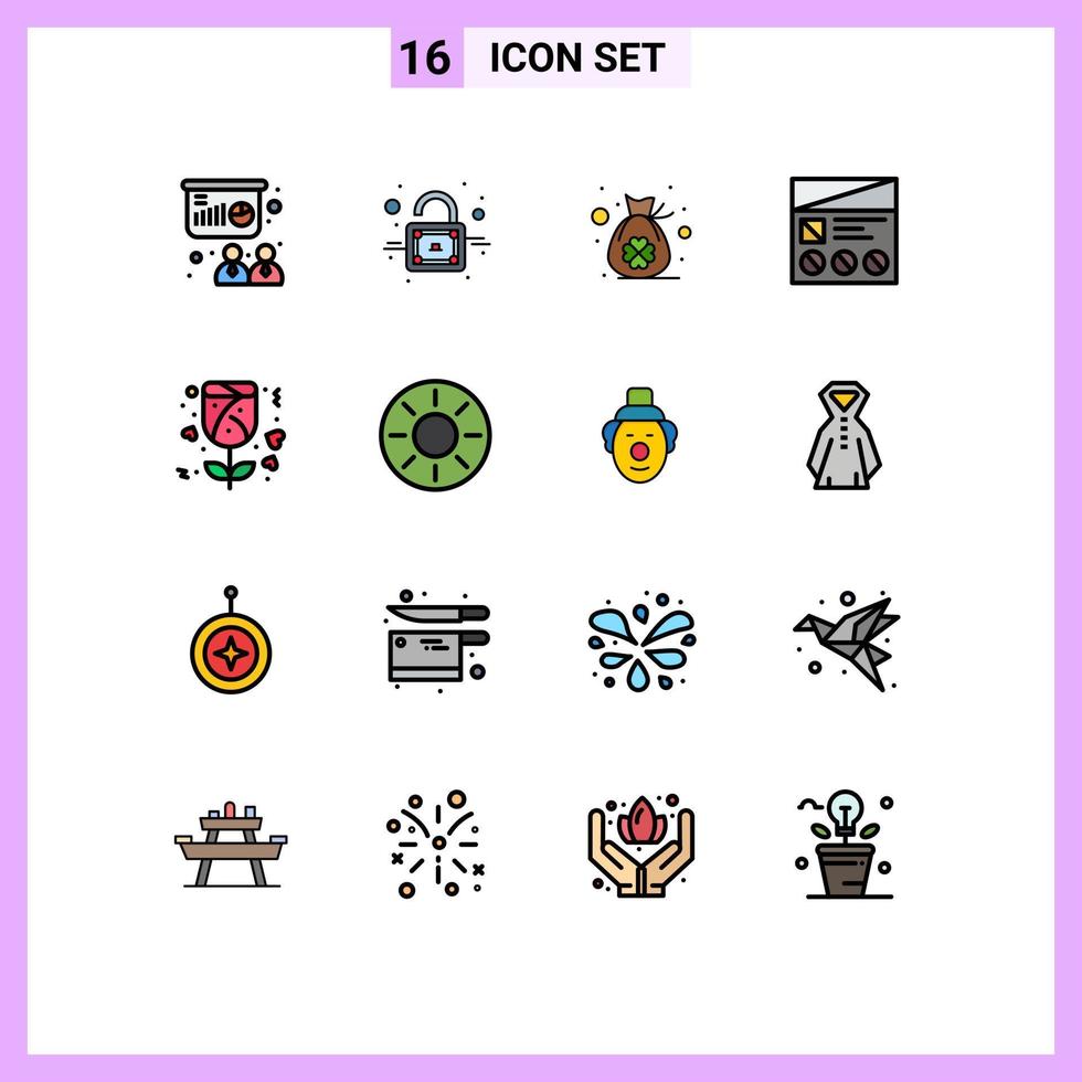 Mobile Interface Flat Color Filled Line Set of 16 Pictograms of love usability bag of clover ui lo Editable Creative Vector Design Elements