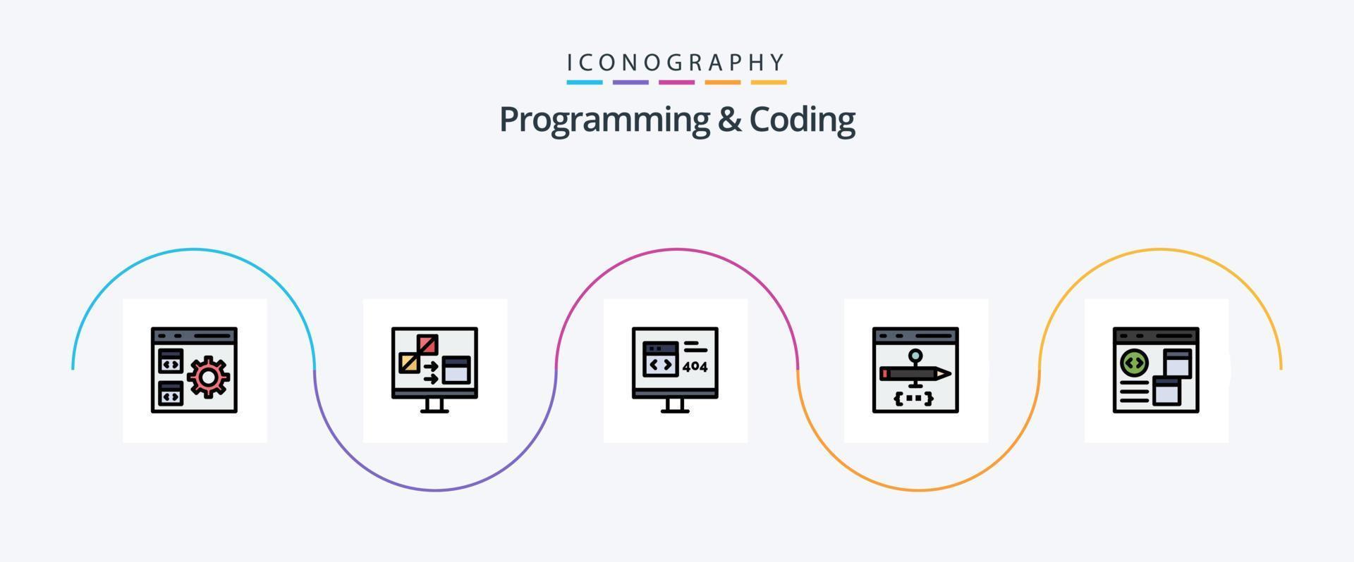 Programming And Coding Line Filled Flat 5 Icon Pack Including coding. app. develop. error. develop vector