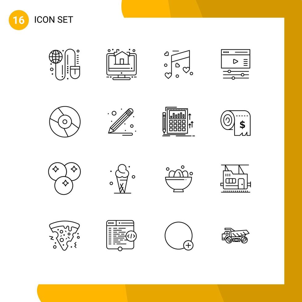 Outline Pack of 16 Universal Symbols of cd video real estate page wedding Editable Vector Design Elements