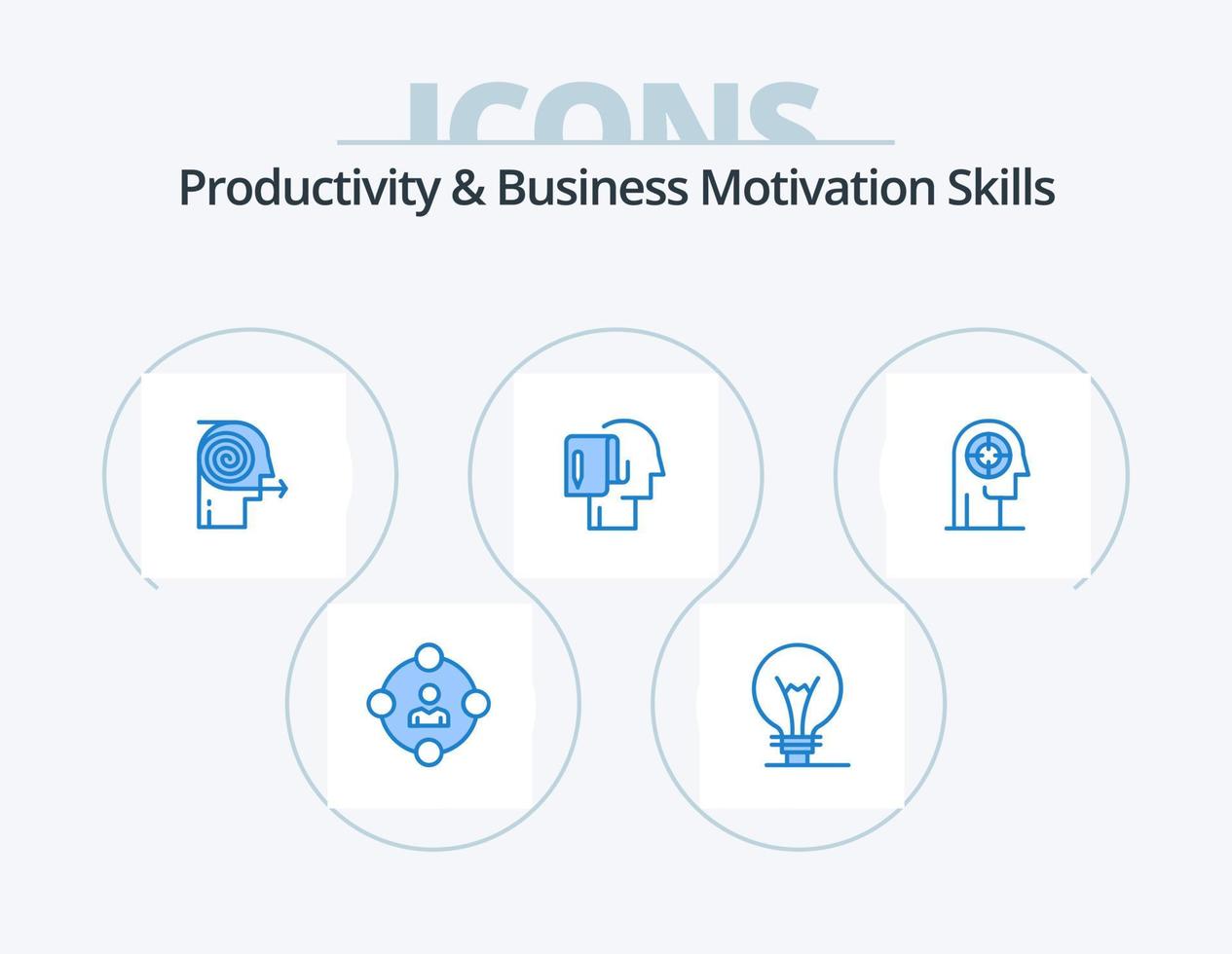 productividad y habilidades de motivación empresarial blue icon pack 5 diseño de iconos. Nota. empezar desde el principio. bombilla. comenzar. enfocar vector