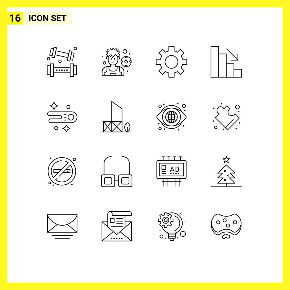 Modern Set of 16 Outlines Pictograph of baywatch comet gear astronomy descent Editable Vector Design Elements