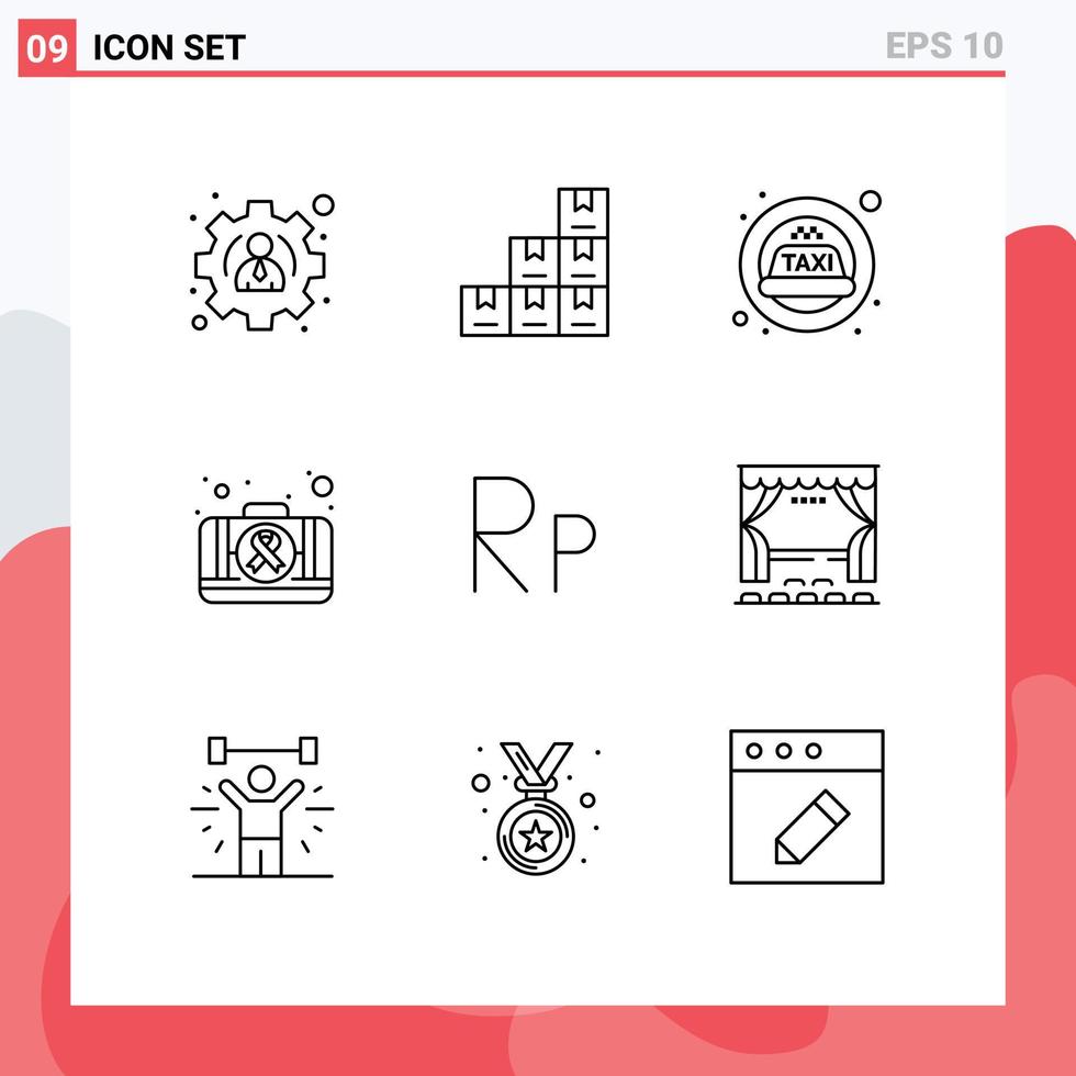 Modern Set of 9 Outlines Pictograph of cinema rupiah taxi indonesian medical Editable Vector Design Elements