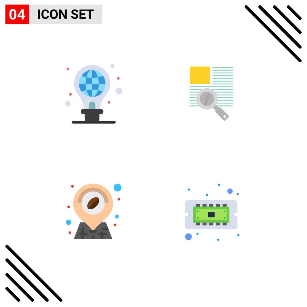 paquete de interfaz de usuario de 4 iconos planos básicos de ubicación de protección bombilla zoom chip elementos de diseño vectorial editables vector