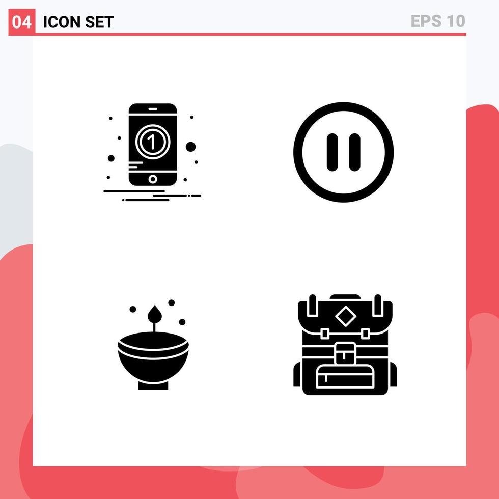 Group of 4 Modern Solid Glyphs Set for notification deepavali mobile user festival Editable Vector Design Elements