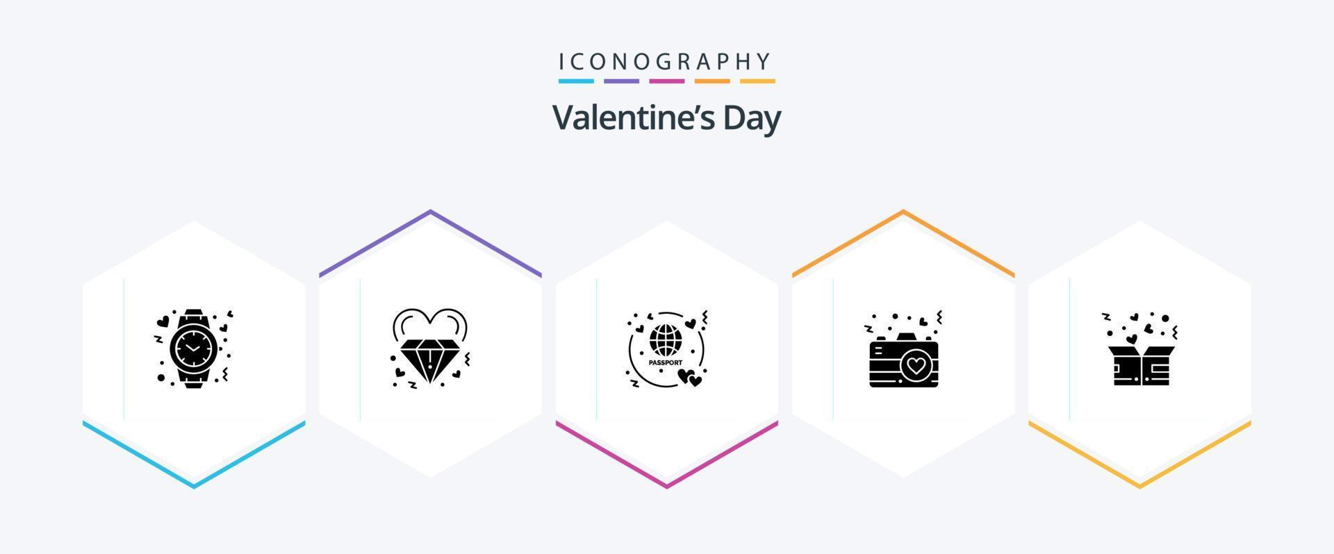 Valentines Day 25 Glyph icon pack including romance. heart. marriage. camera. ticket vector