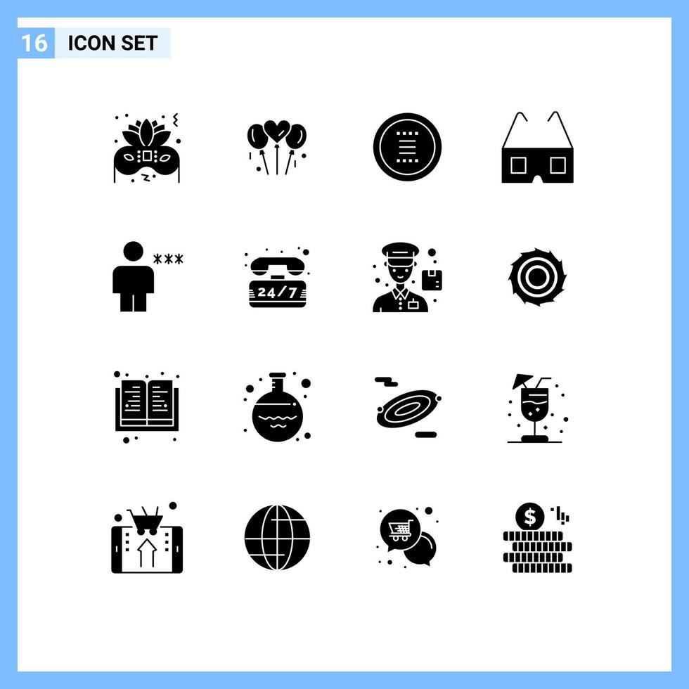 paquete de 16 signos y símbolos de glifos sólidos modernos para medios de impresión web, como elementos de diseño de vectores editables de cine estéreo de círculo de avatar corporal