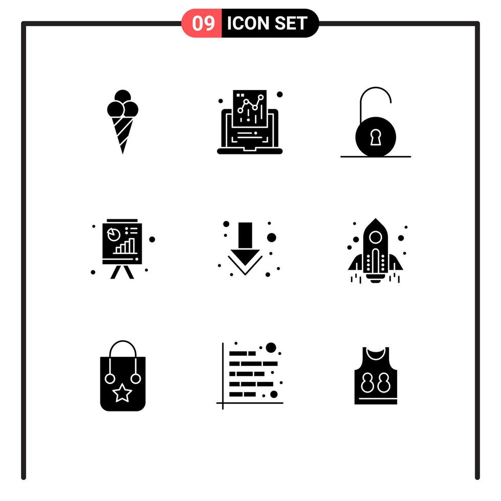 Pictogram Set of 9 Simple Solid Glyphs of rocket down circular arrow powerpoint Editable Vector Design Elements