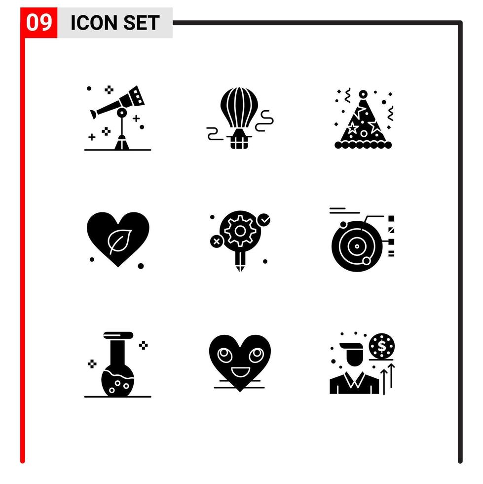 9 User Interface Solid Glyph Pack of modern Signs and Symbols of gear save birthday world heart Editable Vector Design Elements