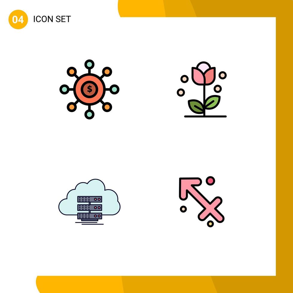 4 Universal Filledline Flat Color Signs Symbols of dollar spring seeding floral storage Editable Vector Design Elements