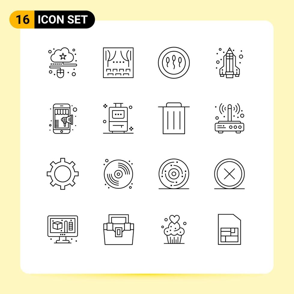 Stock Vector Icon Pack of 16 Line Signs and Symbols for shop science theater rocket sperm Editable Vector Design Elements