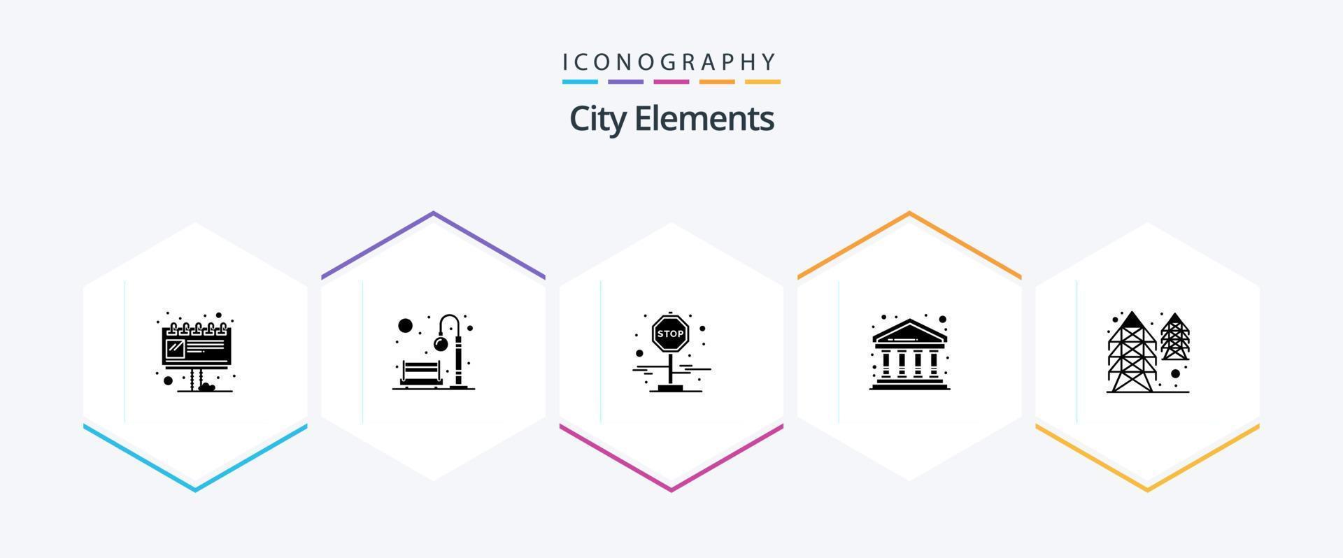 paquete de iconos de 25 glifos de elementos de la ciudad, incluido el poder. edificio. ligero. Finanzas. banco vector