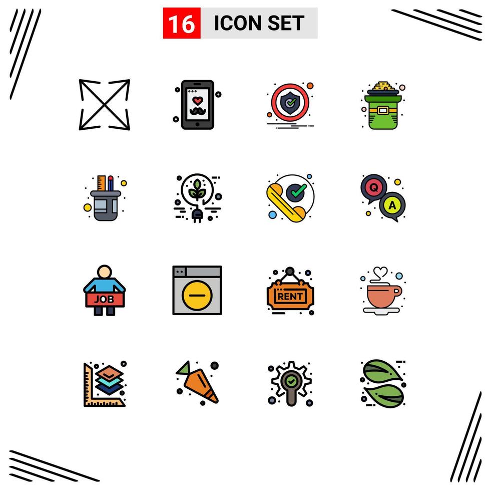 16 Thematic Vector Flat Color Filled Lines and Editable Symbols of pencil box holder caution gold hat Editable Creative Vector Design Elements