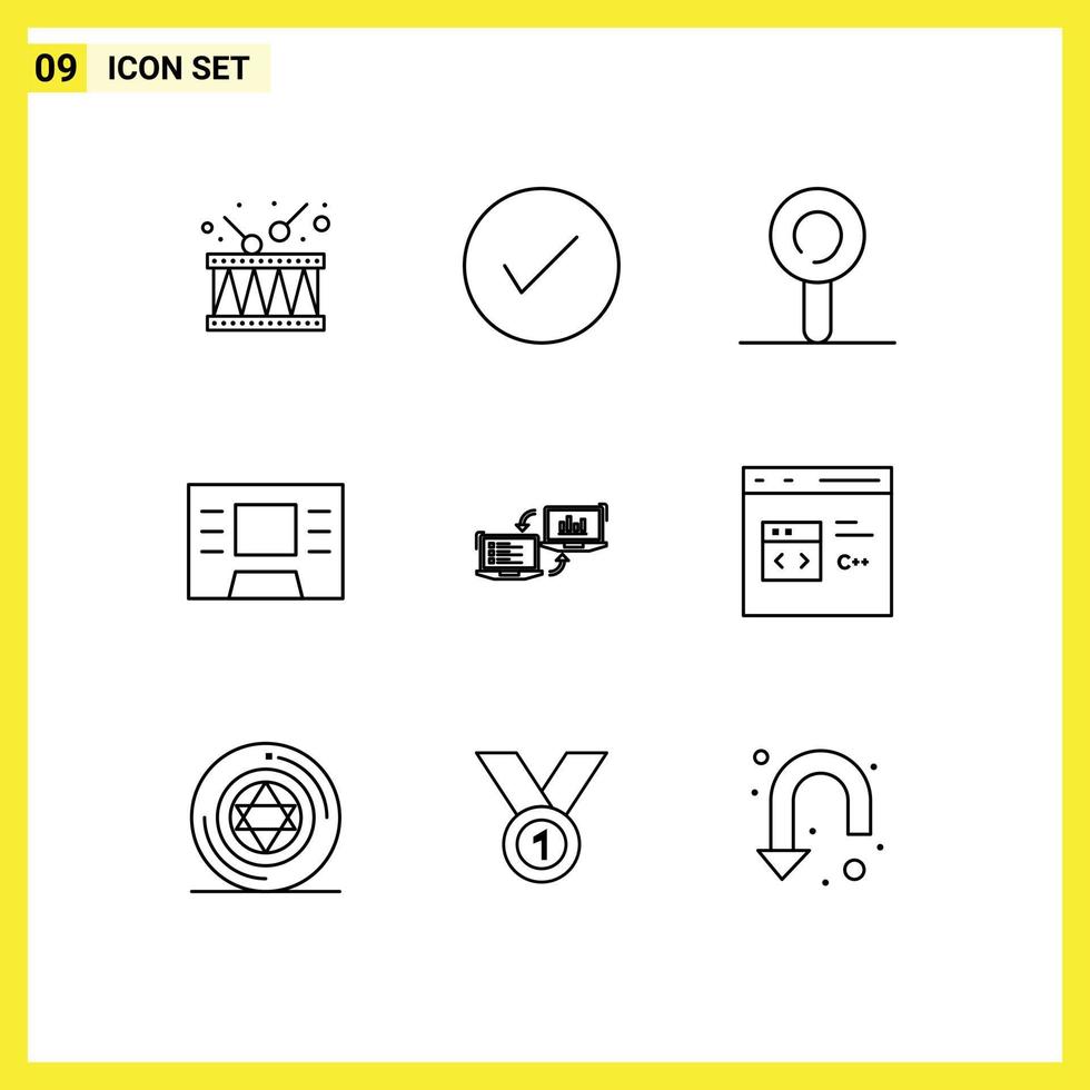 Universal Icon Symbols Group of 9 Modern Outlines of data competers tick business finance Editable Vector Design Elements
