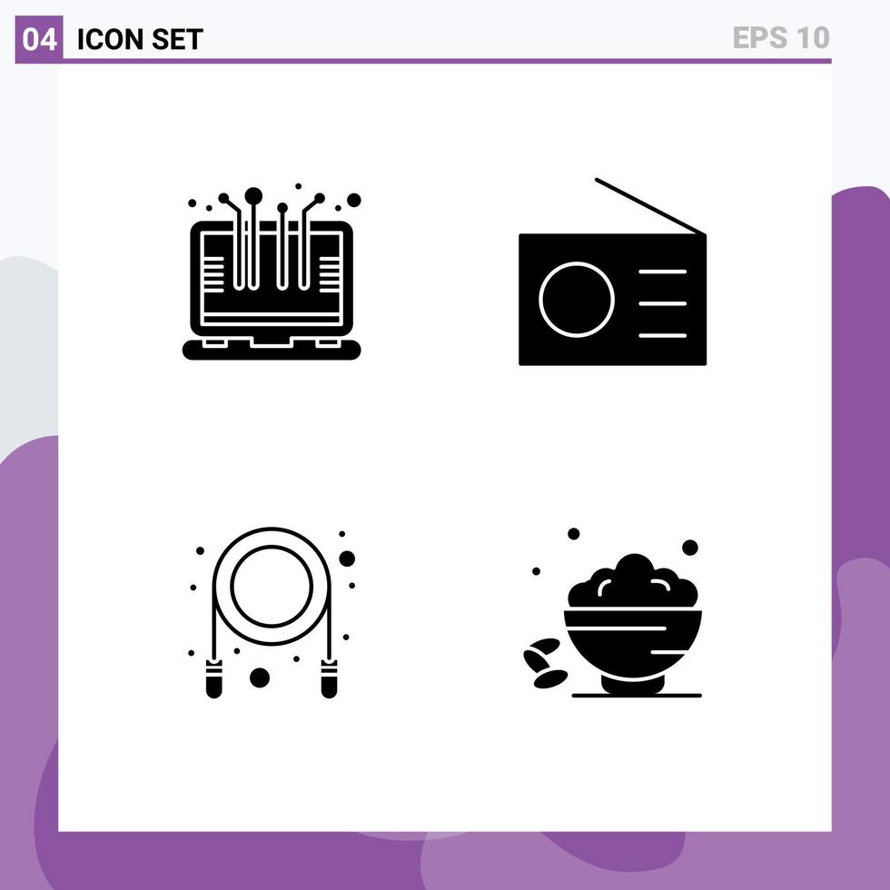 Pack of 4 Modern Solid Glyphs Signs and Symbols for Web Print Media such as smart technology rope laptop radio dish Editable Vector Design Elements