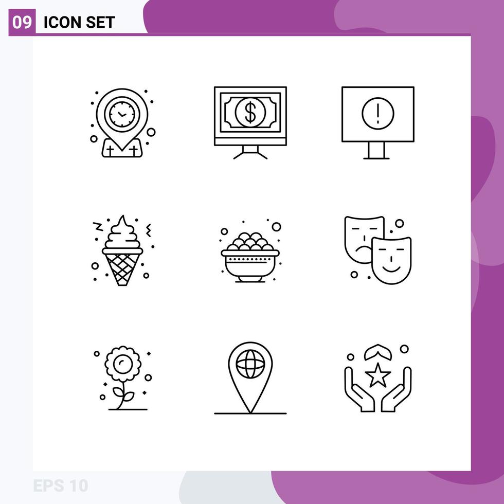 Pack of 9 Modern Outlines Signs and Symbols for Web Print Media such as eat food pay fast food cone Editable Vector Design Elements