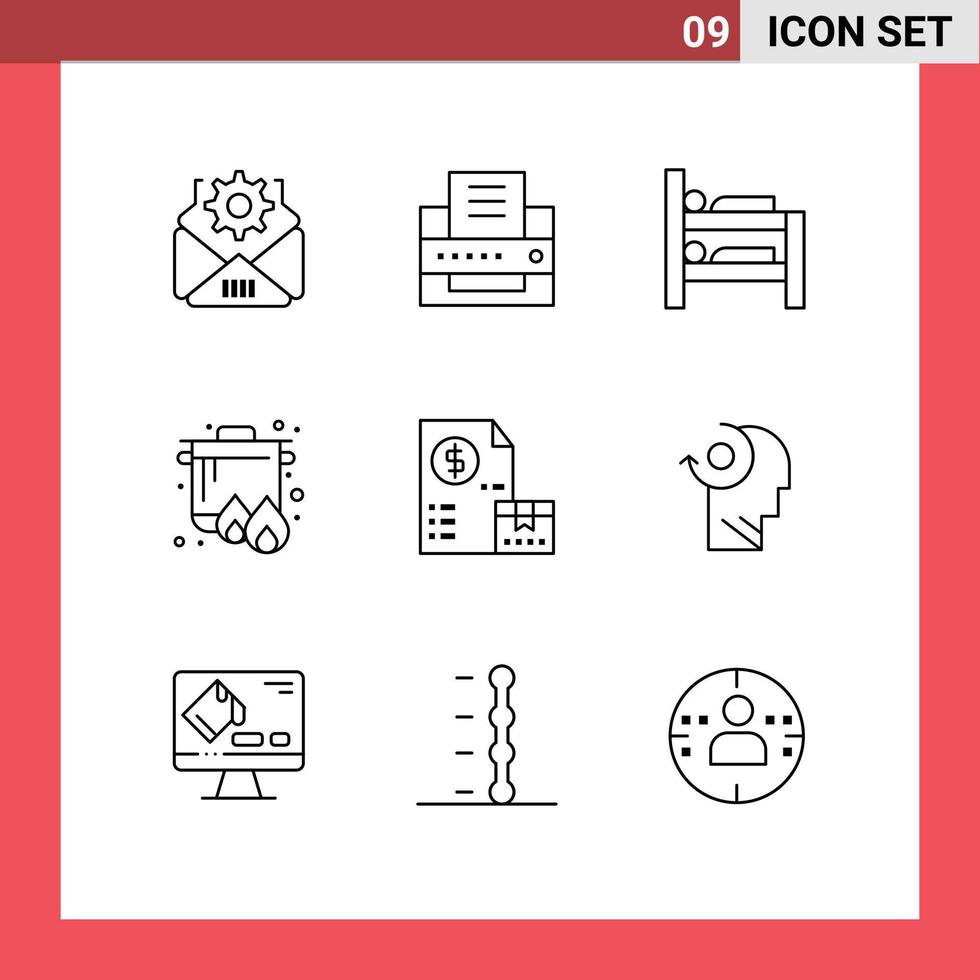 Pack of 9 Modern Outlines Signs and Symbols for Web Print Media such as payment market room invoice cooking Editable Vector Design Elements