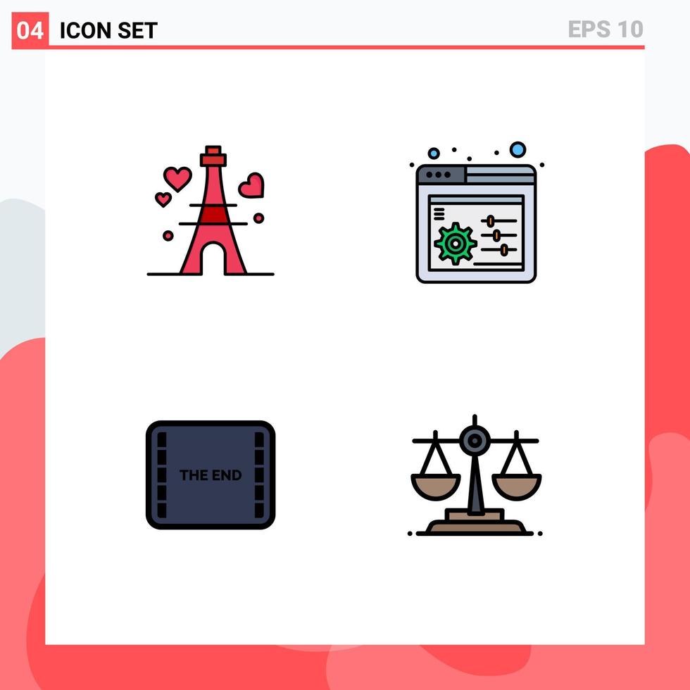 Mobile Interface Filledline Flat Color Set of 4 Pictograms of tower movie wedding settings balance Editable Vector Design Elements