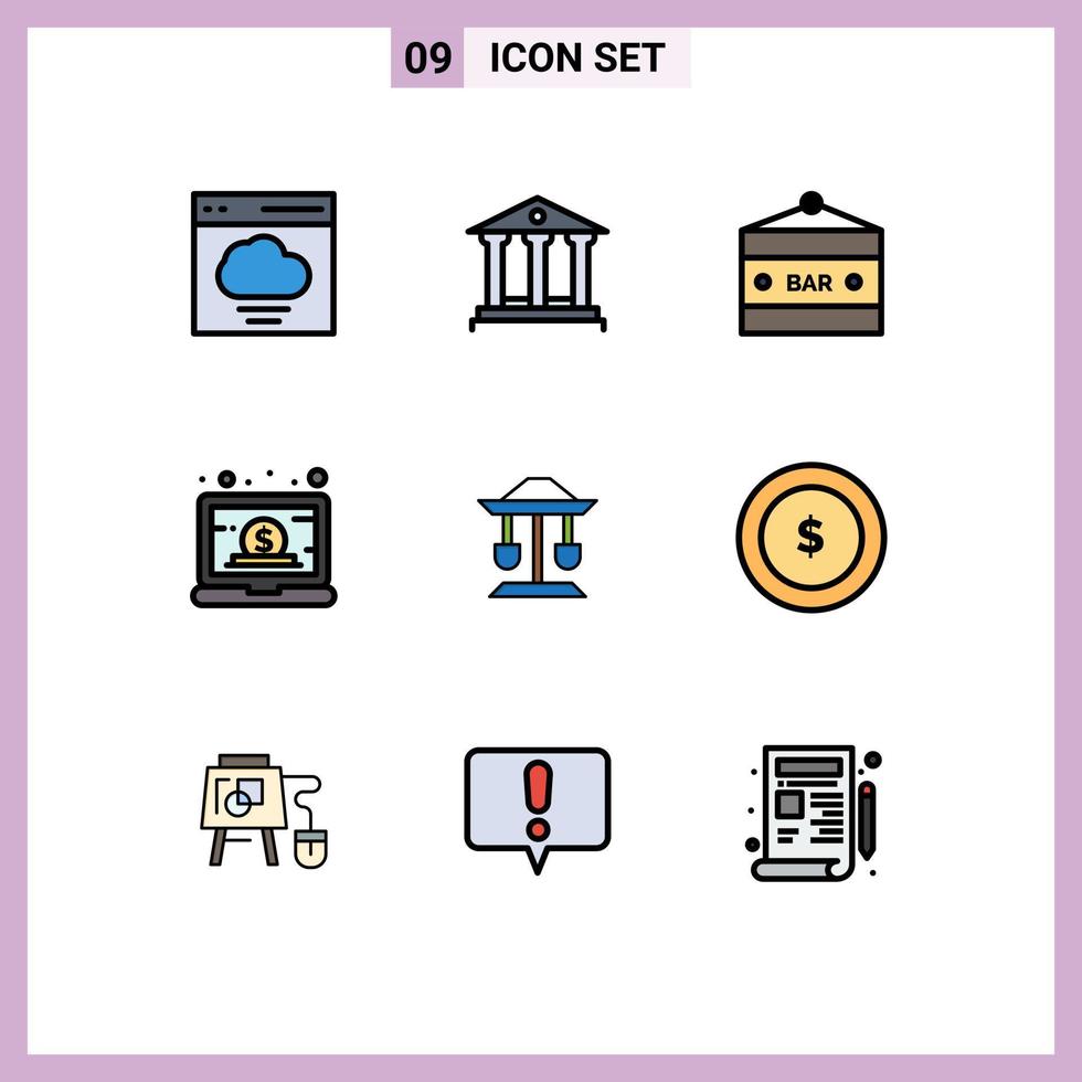 Pack of 9 Modern Filledline Flat Colors Signs and Symbols for Web Print Media such as online laptop bar dollar food and drink Editable Vector Design Elements