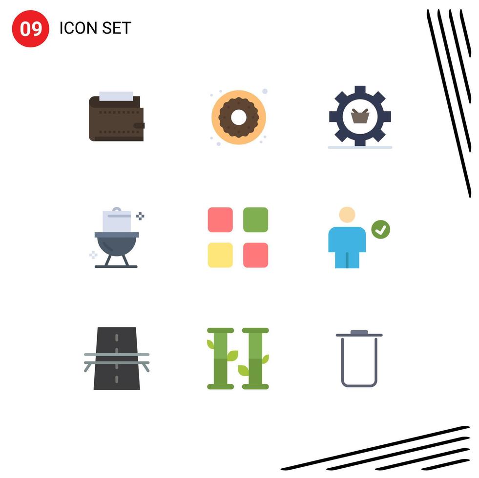 Editable Vector Line Pack of 9 Simple Flat Colors of cleaning setting food gear e Editable Vector Design Elements