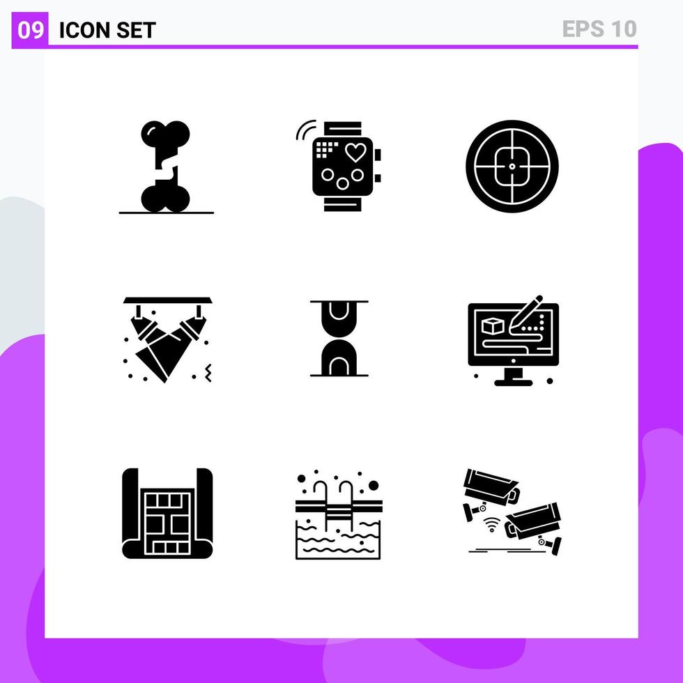 Group of 9 Solid Glyphs Signs and Symbols for lights disco monitoring celebration soldier Editable Vector Design Elements