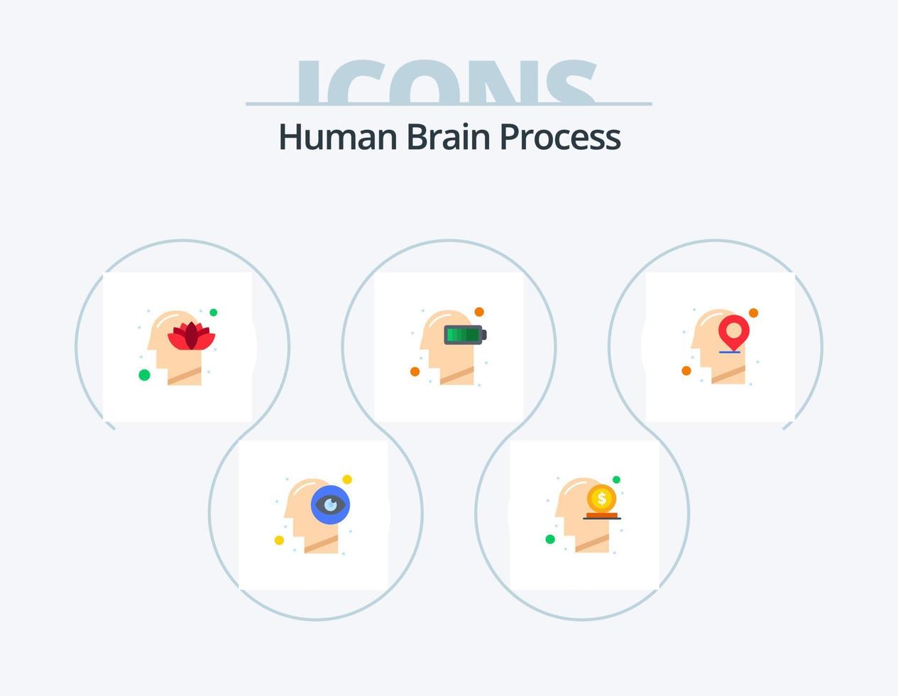 cerebro humano proceso plano icono paquete 5 icono diseño. mental. agotamiento. dinero. batería. loto vector