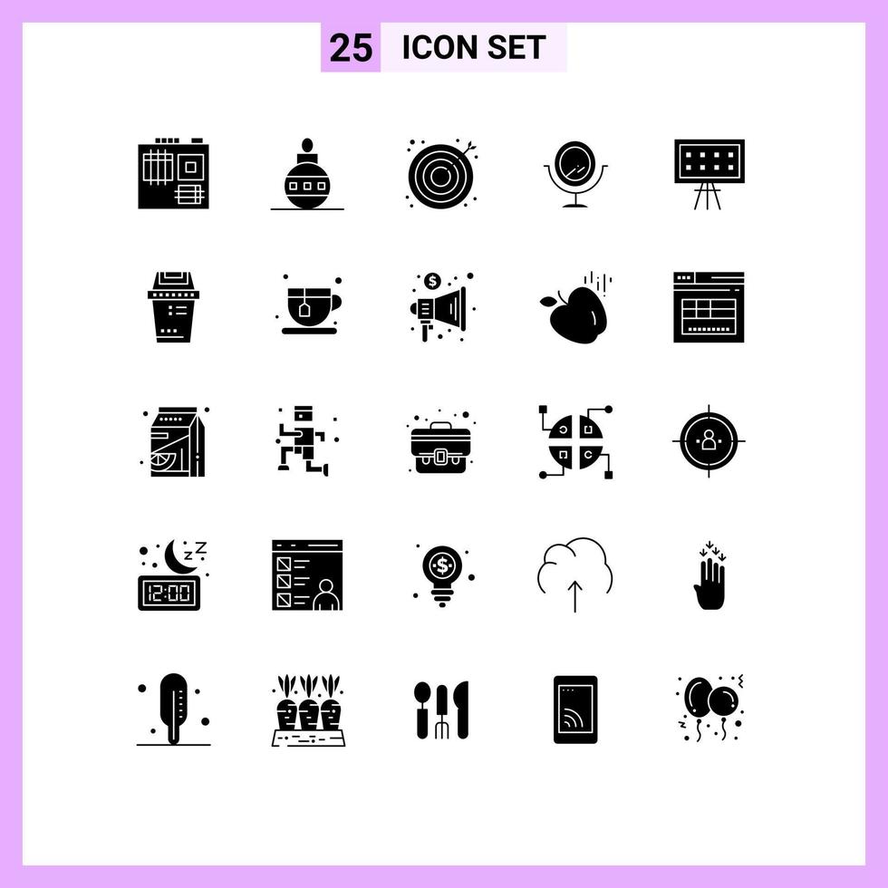 Modern Set of 25 Solid Glyphs and symbols such as presentation board search alphabet mirror Editable Vector Design Elements