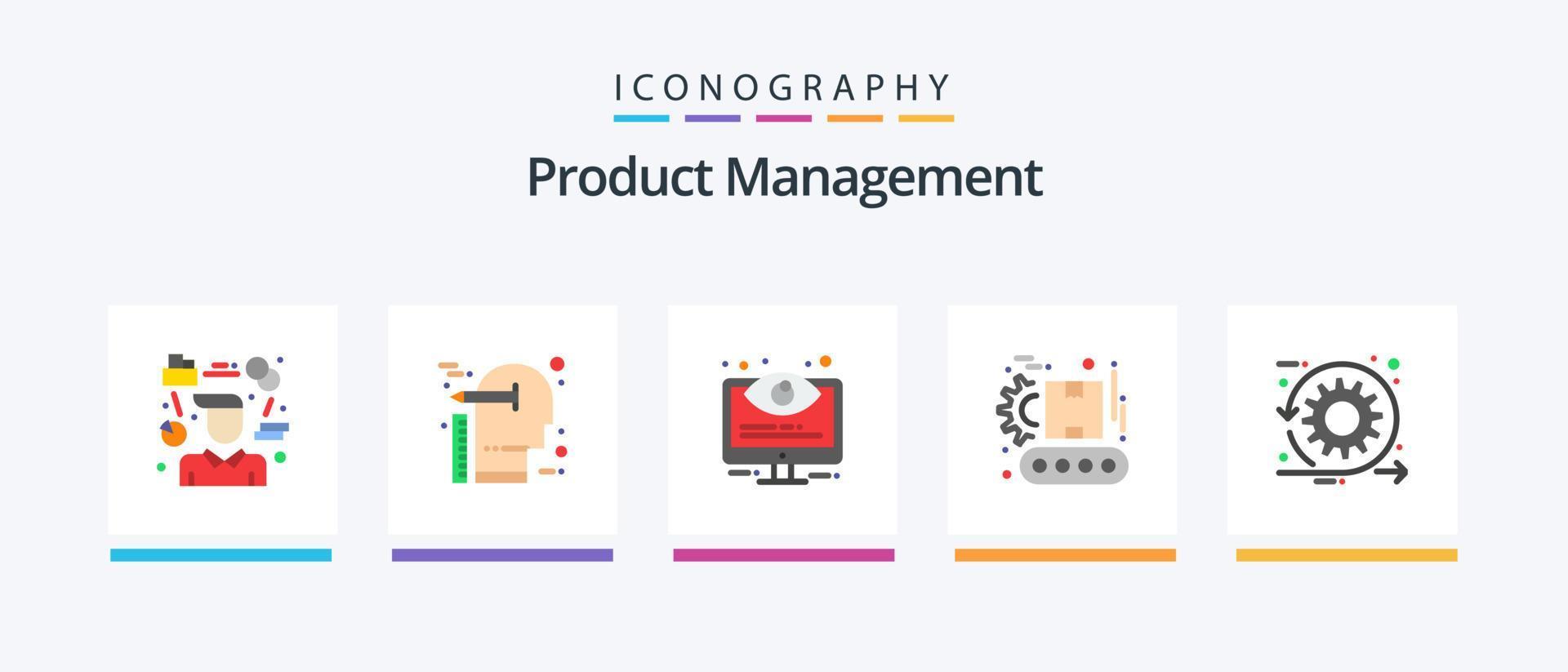 Product Management Flat 5 Icon Pack Including manufacturing. conveyor. scale. system. monitoring. Creative Icons Design vector