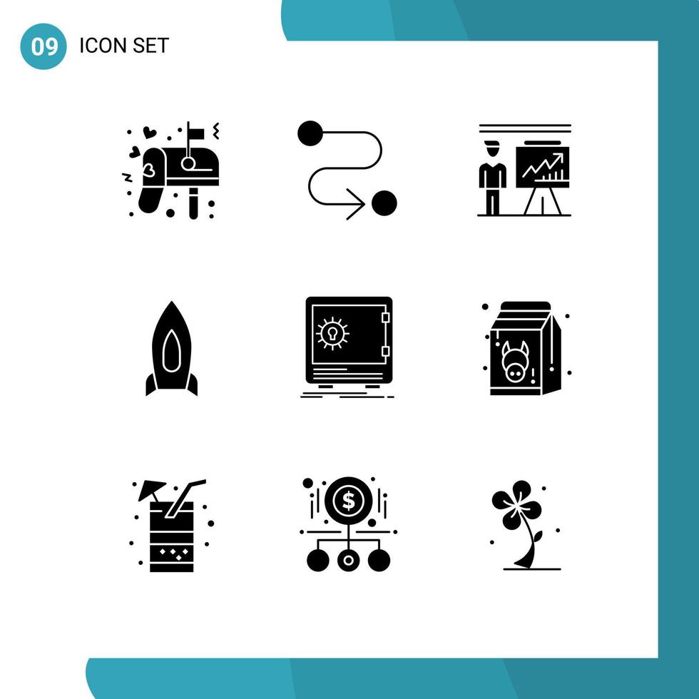 Group of 9 Modern Solid Glyphs Set for bank startup man speedup rocket Editable Vector Design Elements