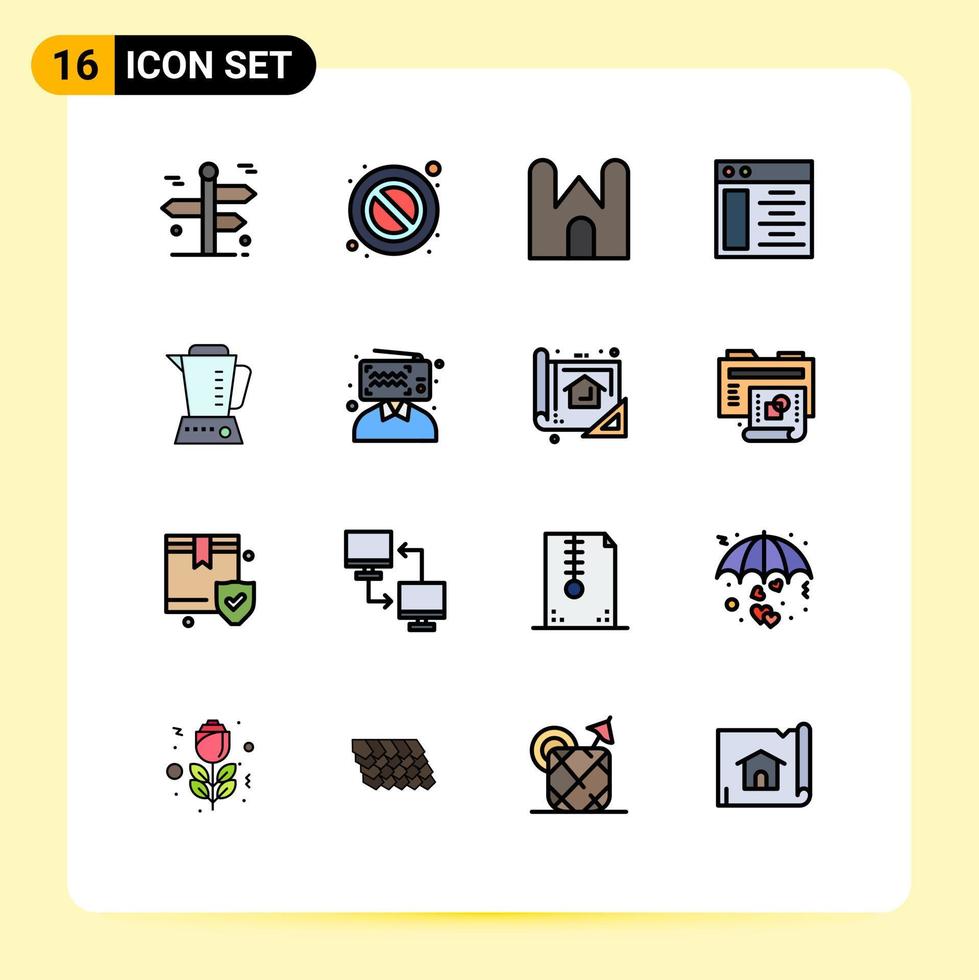 16 Thematic Vector Flat Color Filled Lines and Editable Symbols of electric server castle web page medieval Editable Creative Vector Design Elements