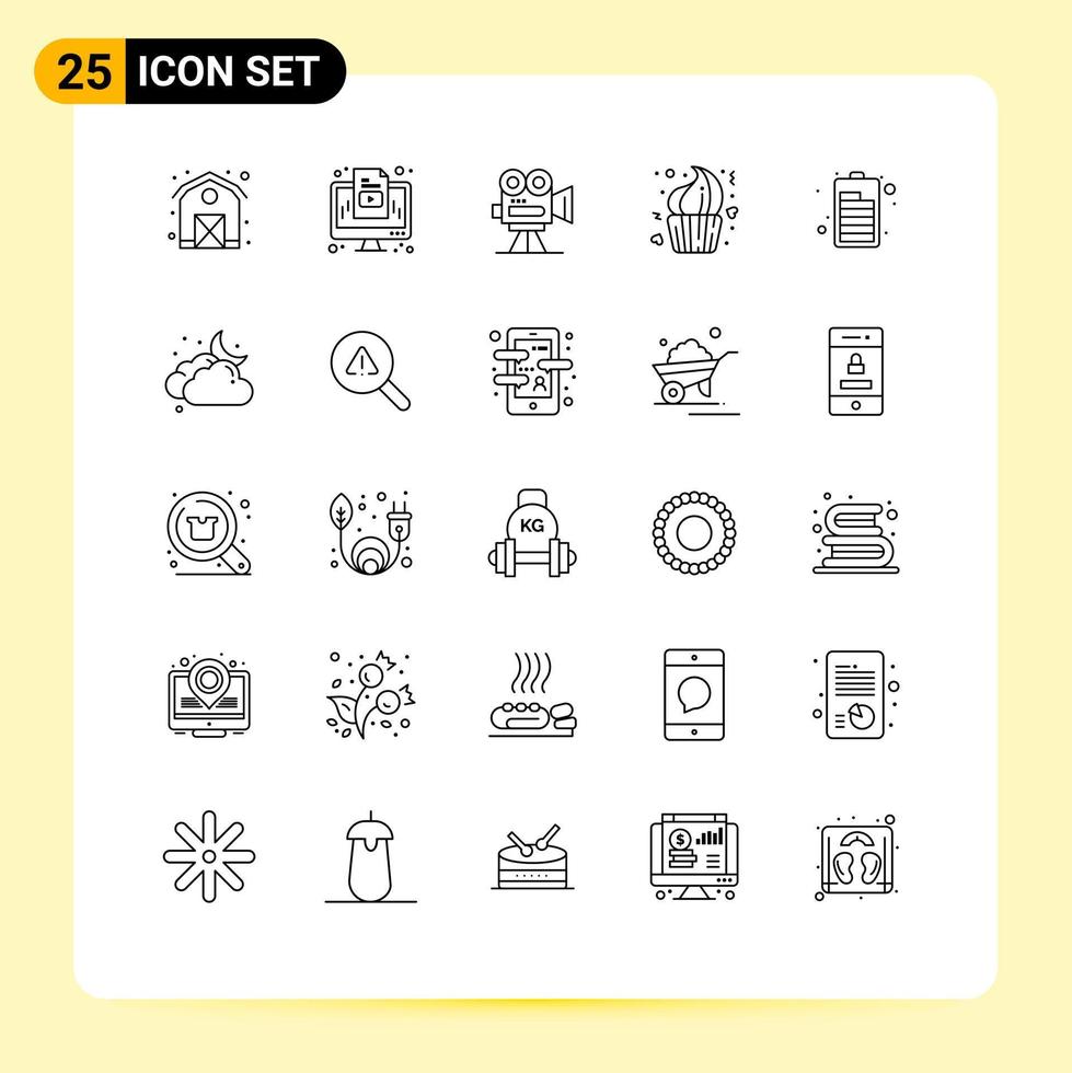 Line Pack of 25 Universal Symbols of battery day capture cup bakery Editable Vector Design Elements