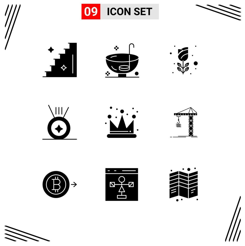 9 User Interface Solid Glyph Pack of modern Signs and Symbols of crane empire flower crown medal Editable Vector Design Elements